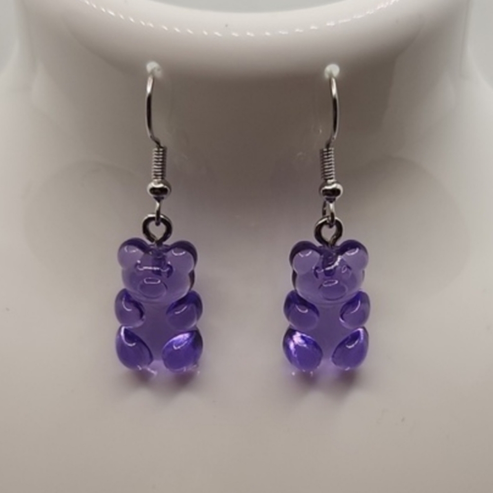 Novelty Fun Gummy Bear Dangle Drop Resin‎ Earrings Purple